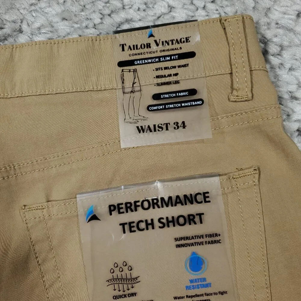 Tailor Vintage Greenwich Slim Fit Performance Tech Shorts Men's Size 34 Khaki - Picture 3 of 7